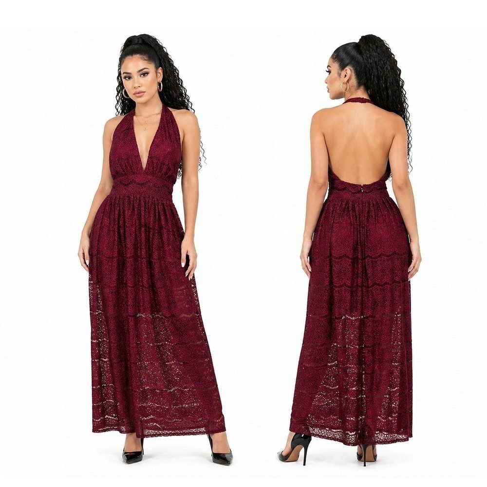 Halter Maxi Dress Audrey 3+1 Burgundy Lace Halter Deep VNeck Open Back Small NWT